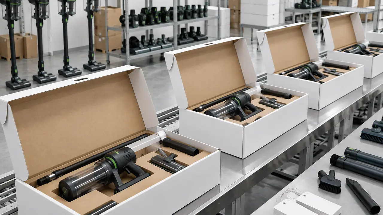 OEM onayı için dizilmiş, logo seçenekleri, renk kartelaları ve markalı renkli kutu içeren süpürge numuneleri