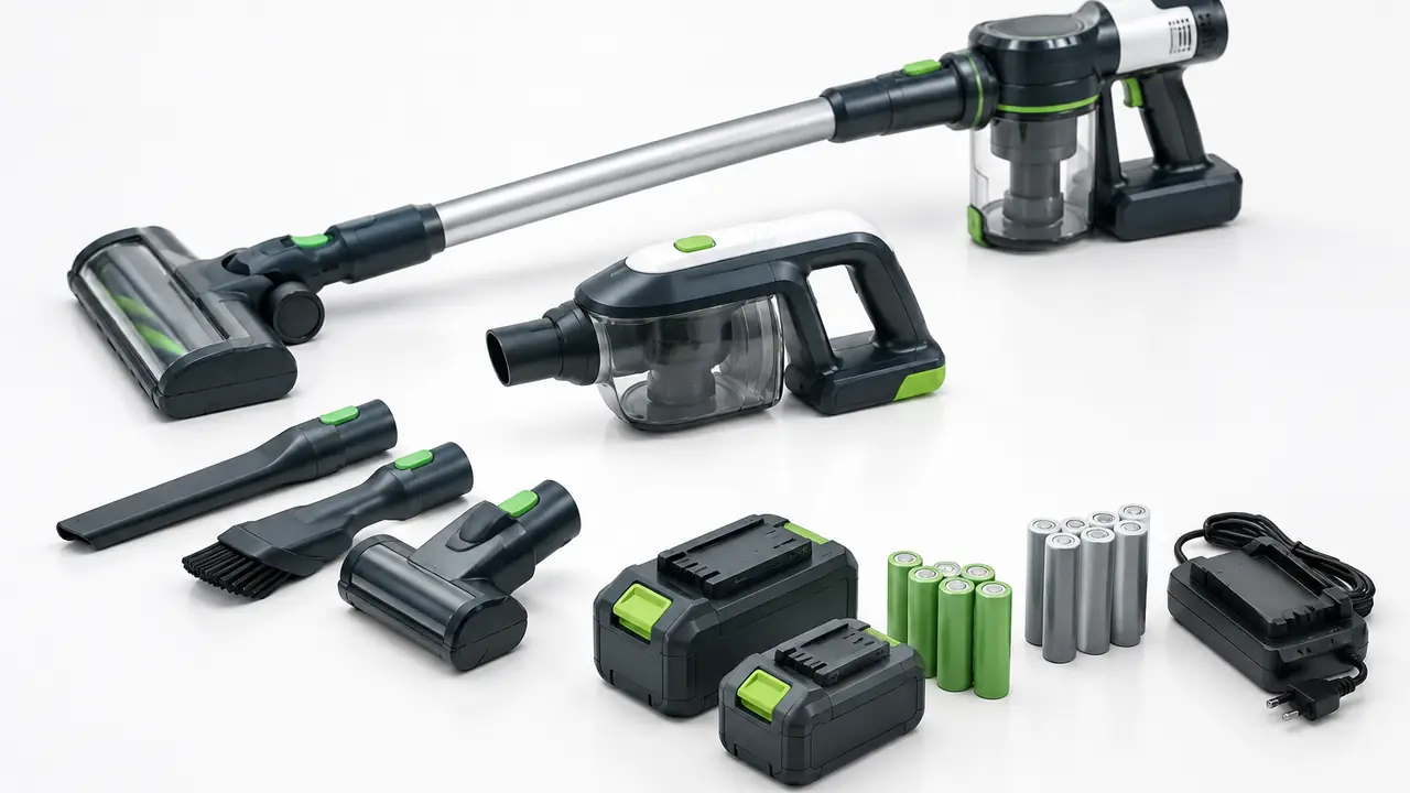 Bộ pin lithium máy hút bụi không dây được mở ra cho thấy các cell hình trụ, thanh niken và bo mạch BMS