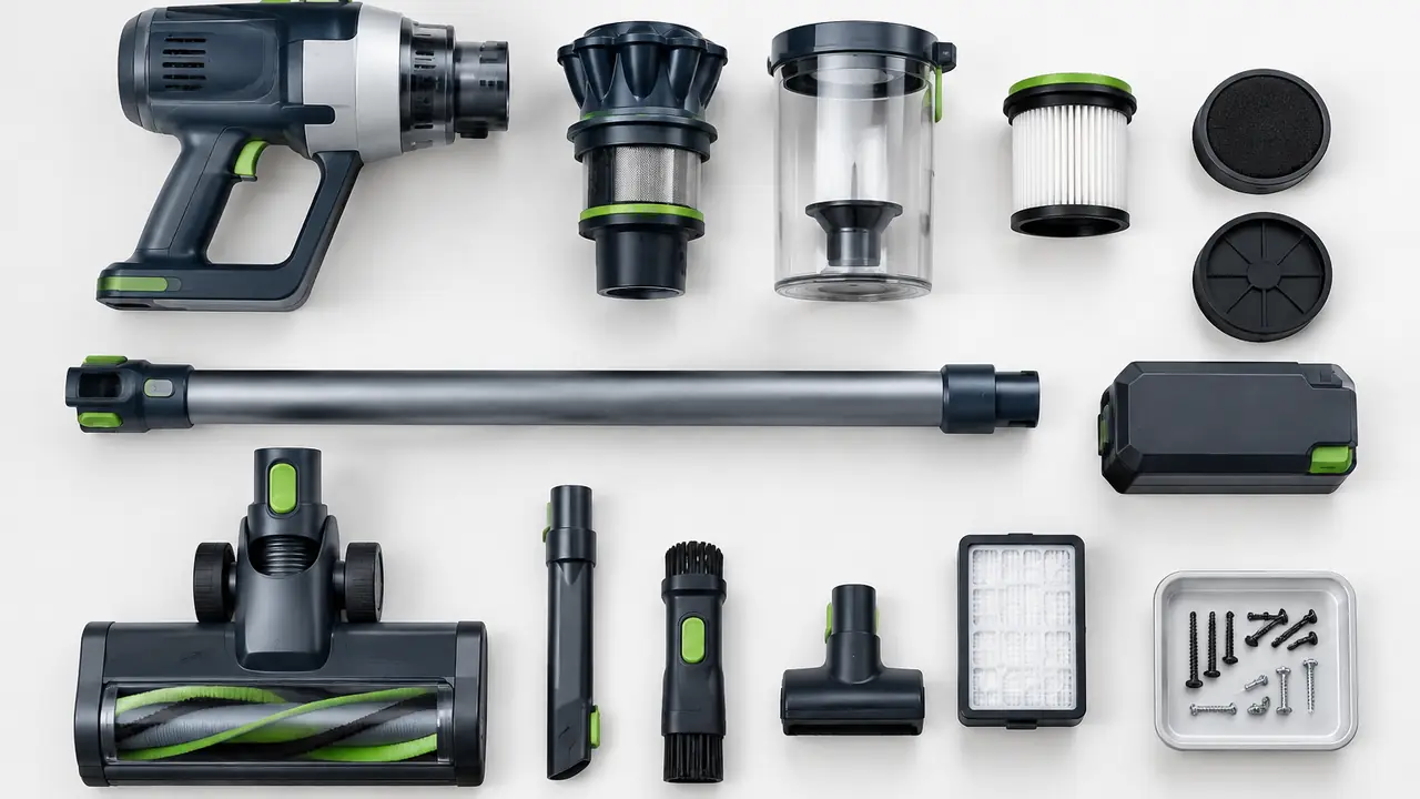 Disassembled cordless stick vacuum parts laid out in an exploded arrangement on a white workbench