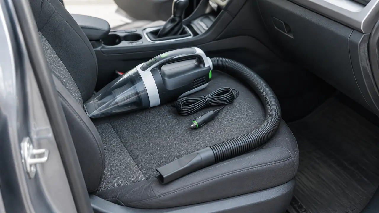 Car vacuum cleaner with a 12 V plug cord, long crevice nozzle and brush tool resting on a vehicle seat