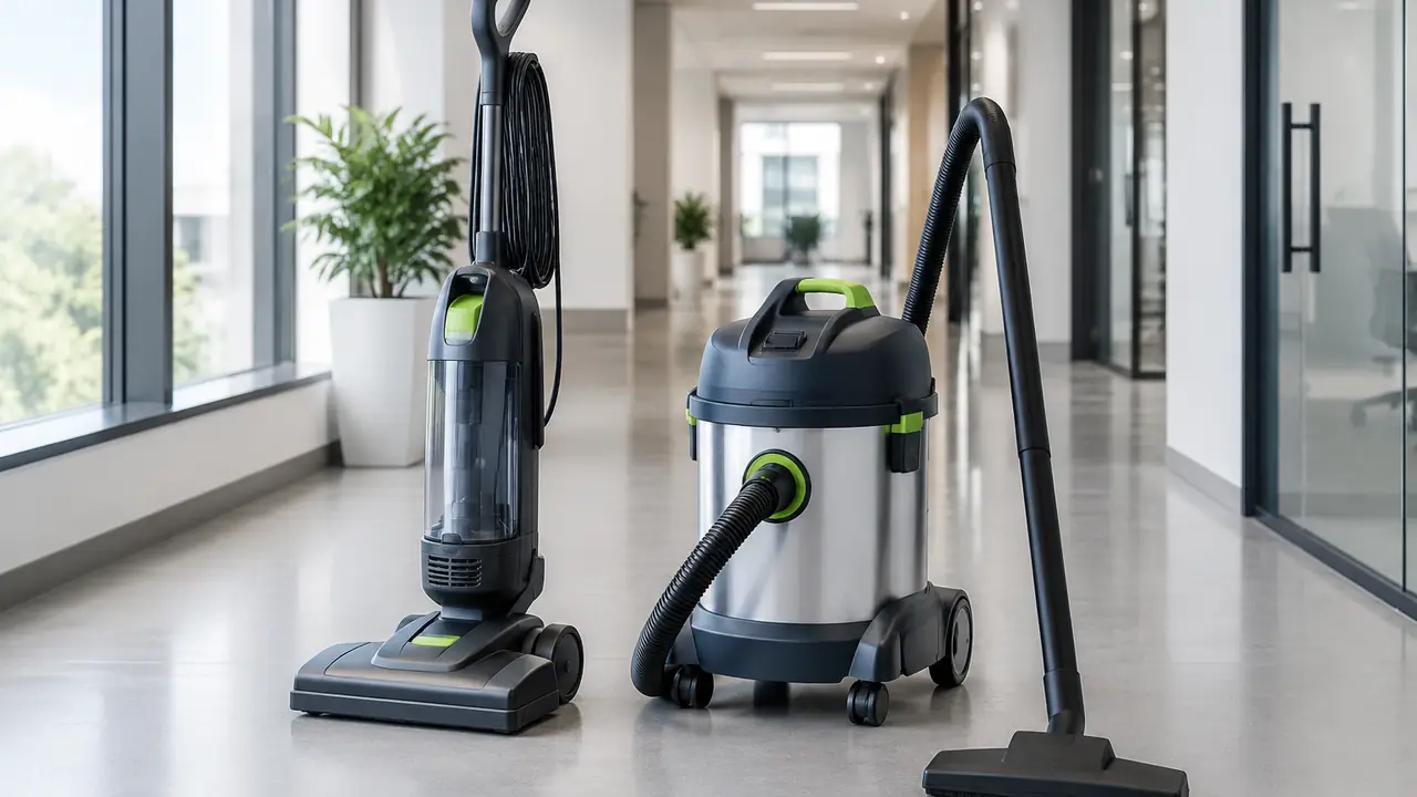 Commercial upright vacuum cleaner with a reinforced body, long cable and wide brush head on a carpeted floor