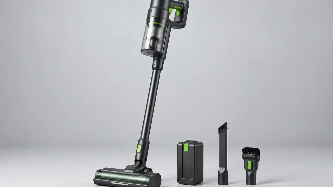 Cordless stick vacuum cleaner standing on its brush head with the battery pack and two attachments beside it