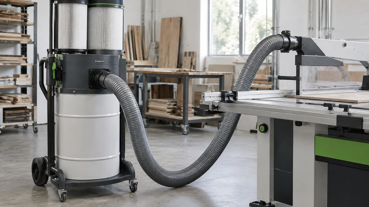 Industrial dust extractor on a steel trolley with a large drum, filter bank and reinforced hose