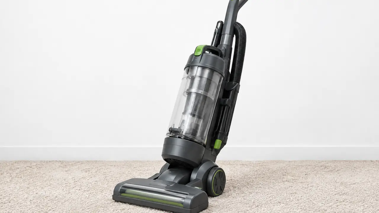 Corded upright vacuum cleaner standing with its handle, bagless dust bin and wide base head with brush roll visible