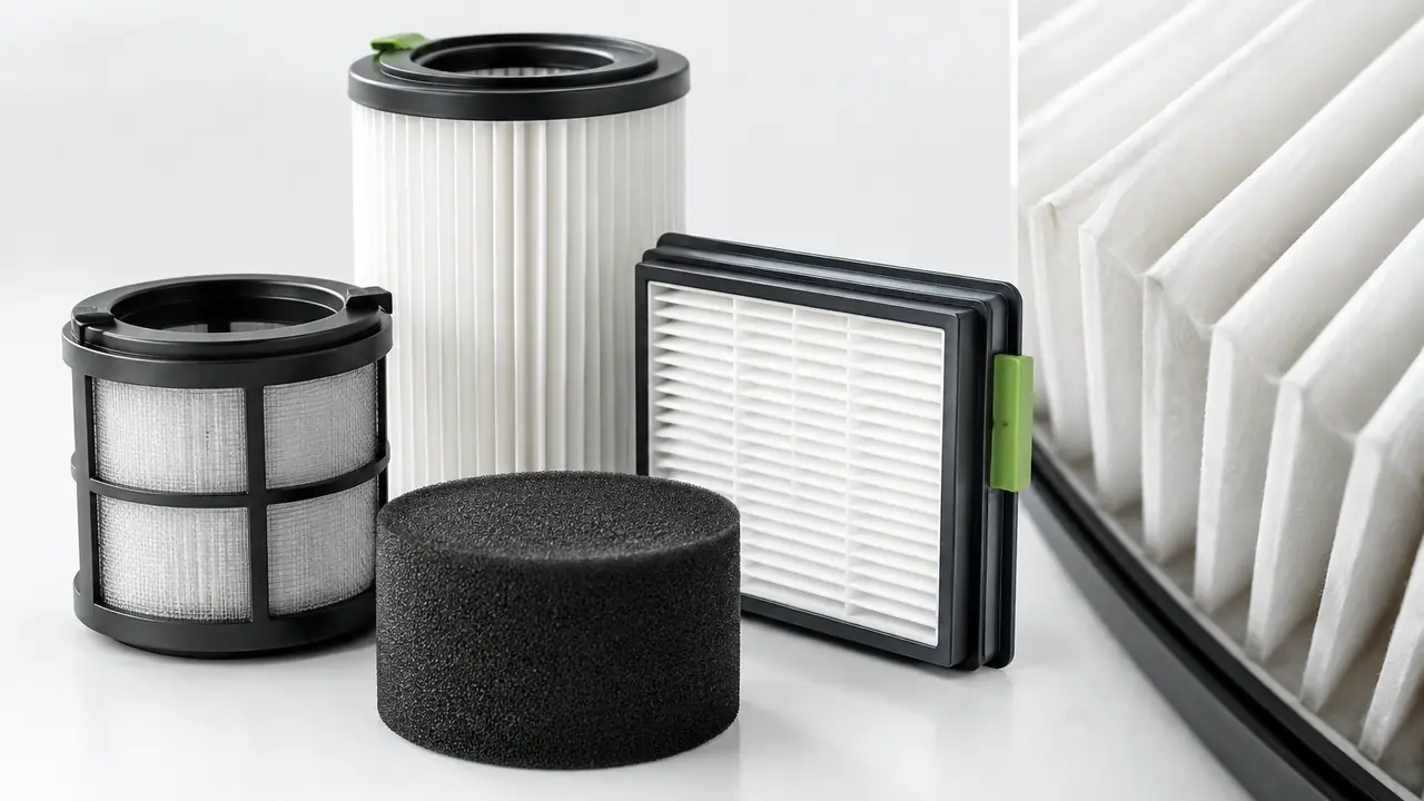 Filtro HEPA plissettato per aspirapolvere con prefiltro in schiuma e strato al carbone accanto al telaio del filtro